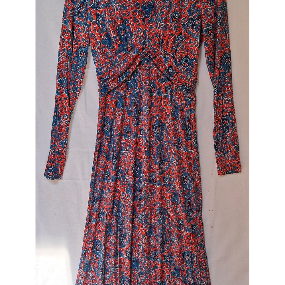Boden Red Blue Paisley Floral V-Neck Long Sleeve Ruched Jersey Midi Dress 4R